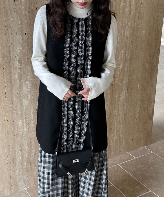 チェック柄フリルベストワンピース