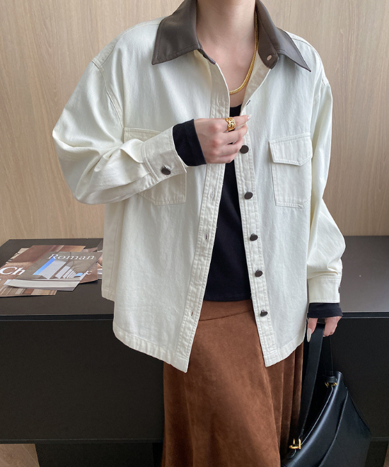 コントラストレザーカラーワークジャケット