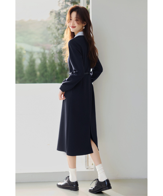 フェイクツーピースネイビーシャツワンピース