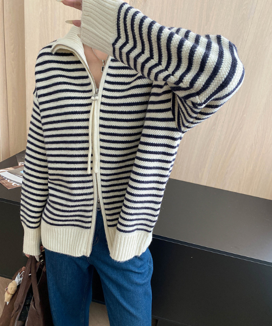 ダブルジッパーボーダーニットカーディガン