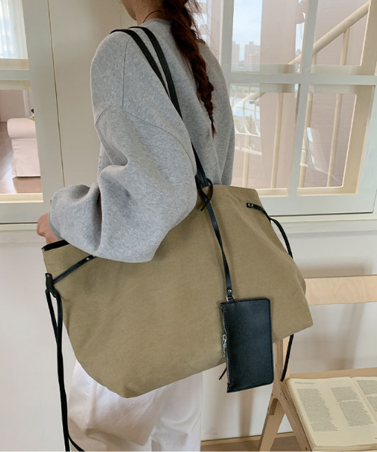 大容量レザーリボンコントラストキャンバストートバッグ