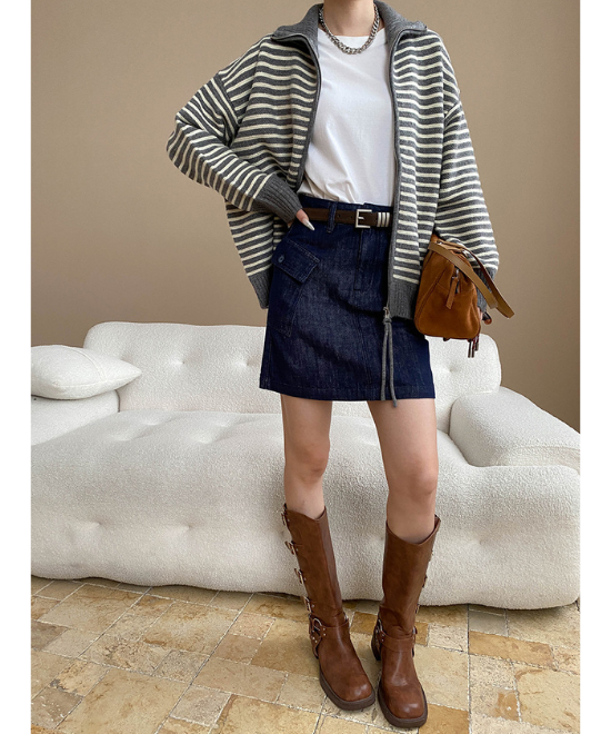 ダブルジッパーボーダーニットカーディガン