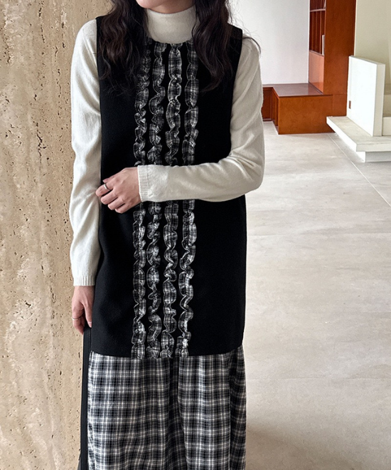 チェック柄フリルベストワンピース