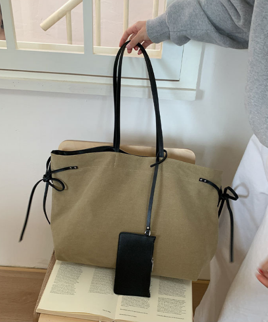 大容量レザーリボンコントラストキャンバストートバッグ