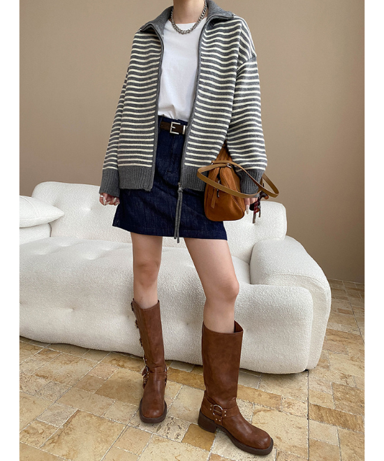 ダブルジッパーボーダーニットカーディガン