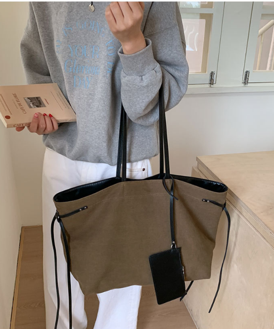大容量レザーリボンコントラストキャンバストートバッグ