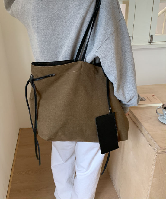 大容量レザーリボンコントラストキャンバストートバッグ