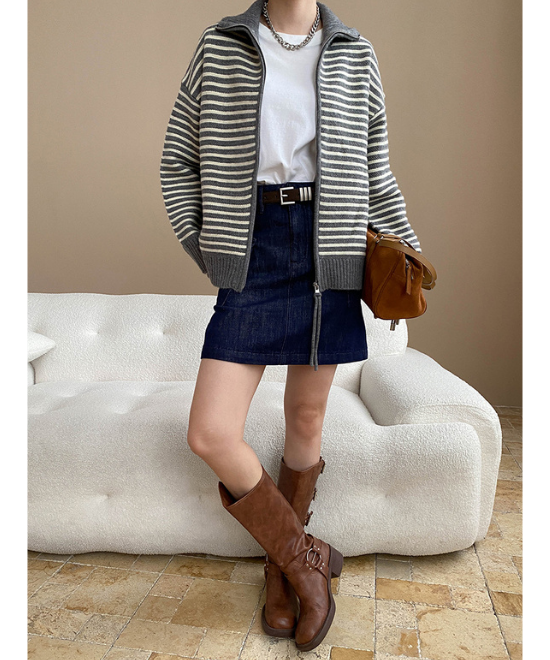 ダブルジッパーボーダーニットカーディガン