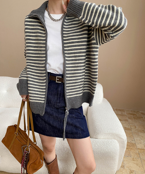 ダブルジッパーボーダーニットカーディガン
