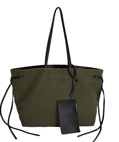 大容量レザーリボンコントラストキャンバストートバッグ