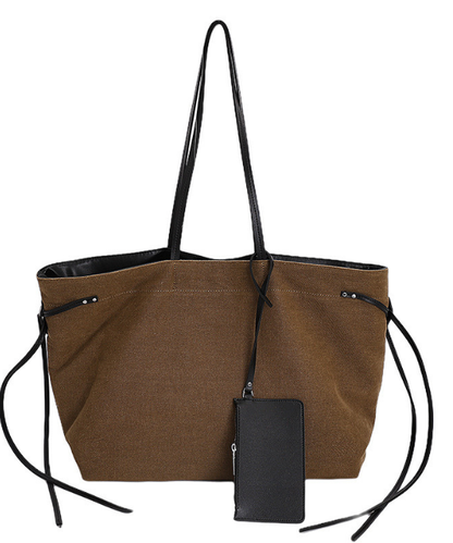 大容量レザーリボンコントラストキャンバストートバッグ