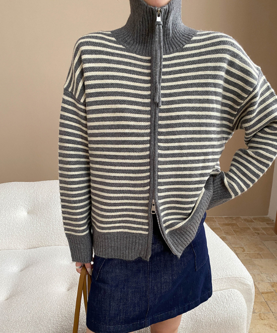 ダブルジッパーボーダーニットカーディガン