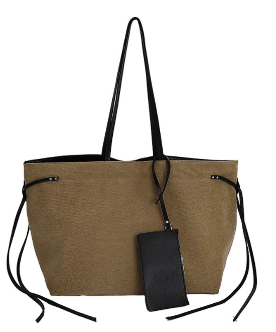 大容量レザーリボンコントラストキャンバストートバッグ