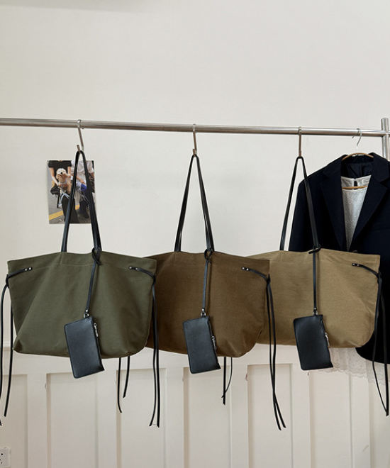 大容量レザーリボンコントラストキャンバストートバッグ