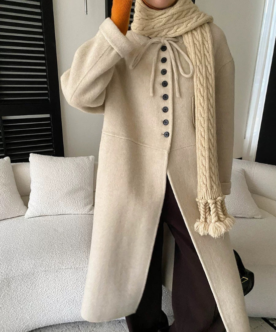 レースアップカラーミディ丈ウールコート