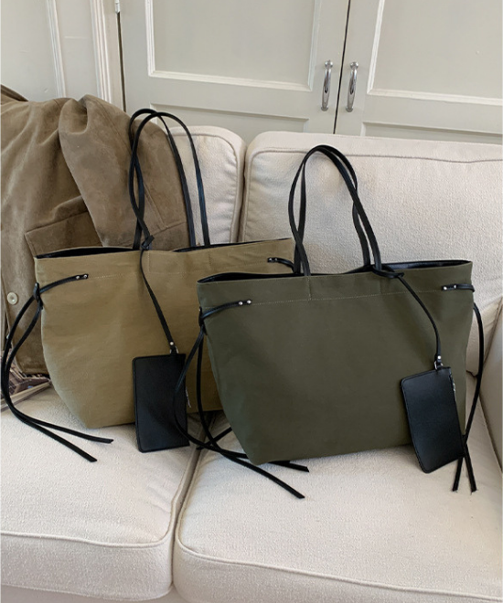 大容量レザーリボンコントラストキャンバストートバッグ