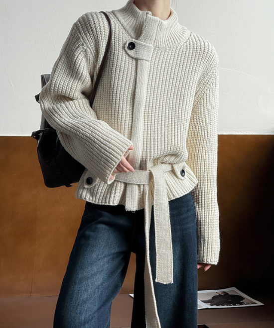 スタンドアップカラーベルトジップカーディガン