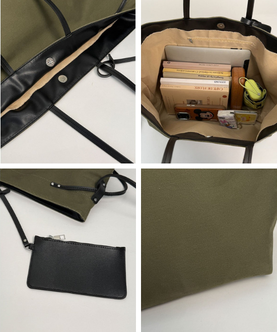 大容量レザーリボンコントラストキャンバストートバッグ