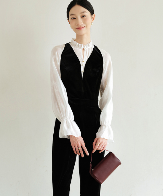 ベルベットフェイクツーピースジャンプスーツ