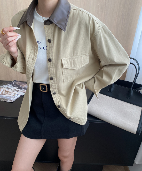 コントラストレザーカラーワークジャケット