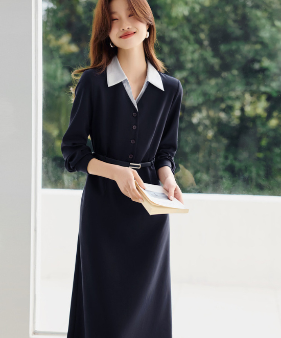 フェイクツーピースネイビーシャツワンピース