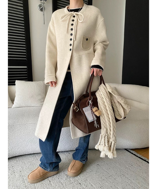 レースアップカラーミディ丈ウールコート