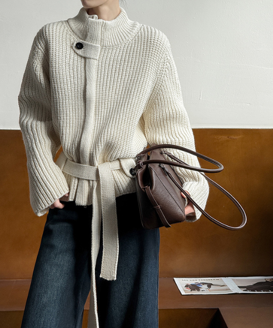 スタンドアップカラーベルトジップカーディガン