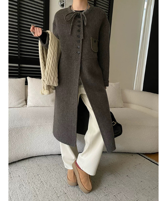 レースアップカラーミディ丈ウールコート