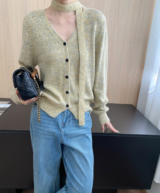 Vネックミックスニットカーディガン