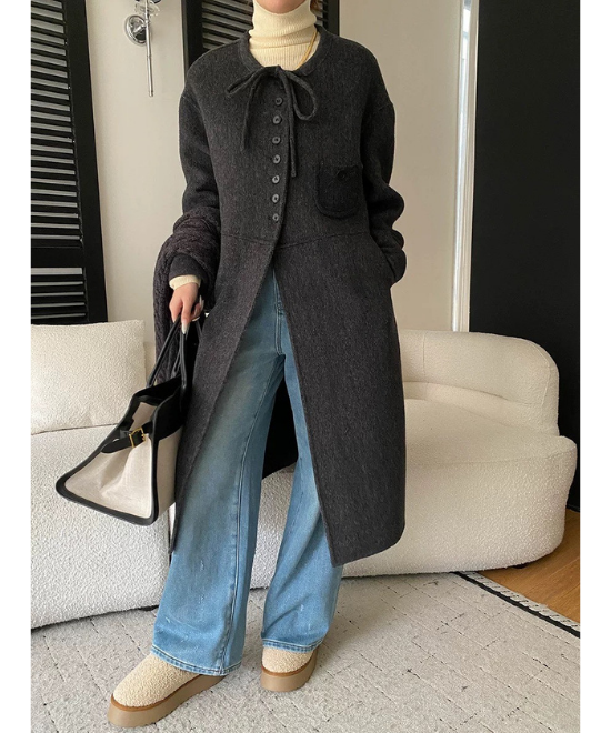 レースアップカラーミディ丈ウールコート