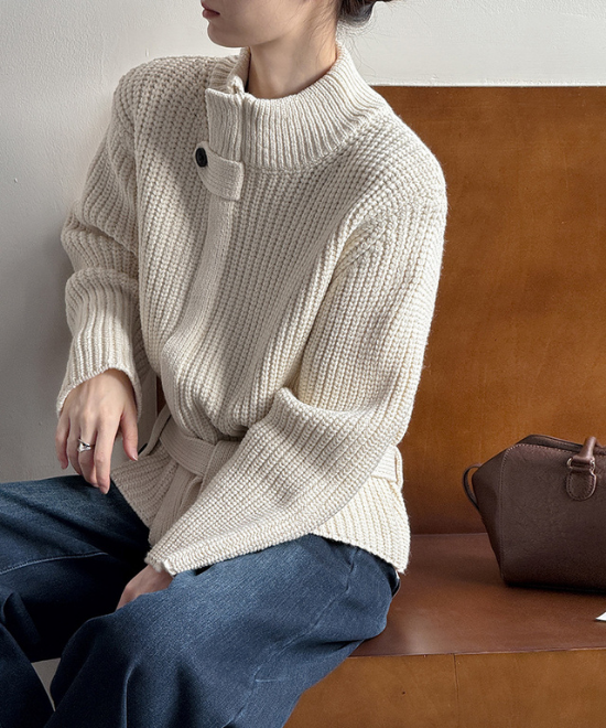 スタンドアップカラーベルトジップカーディガン