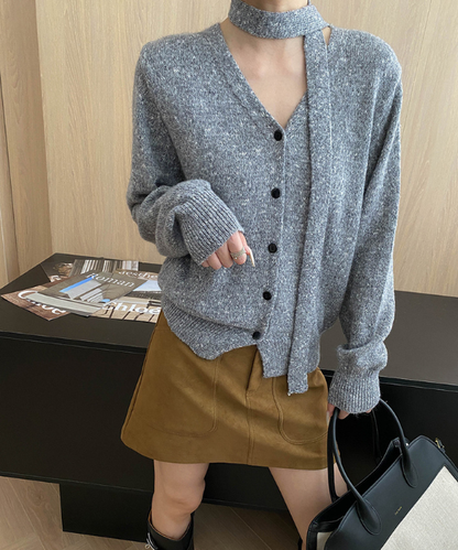 Vネックミックスニットカーディガン