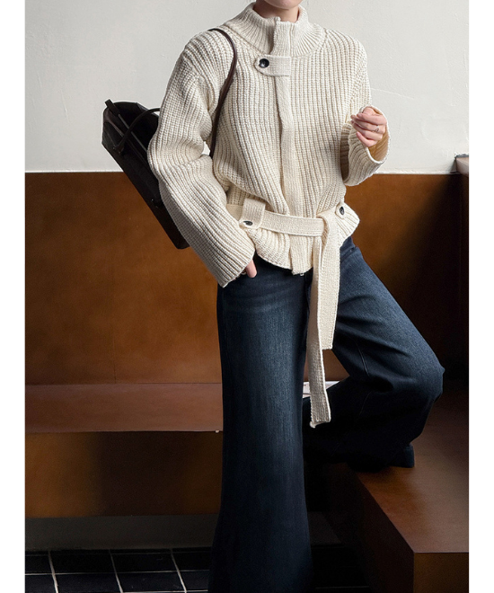 スタンドアップカラーベルトジップカーディガン