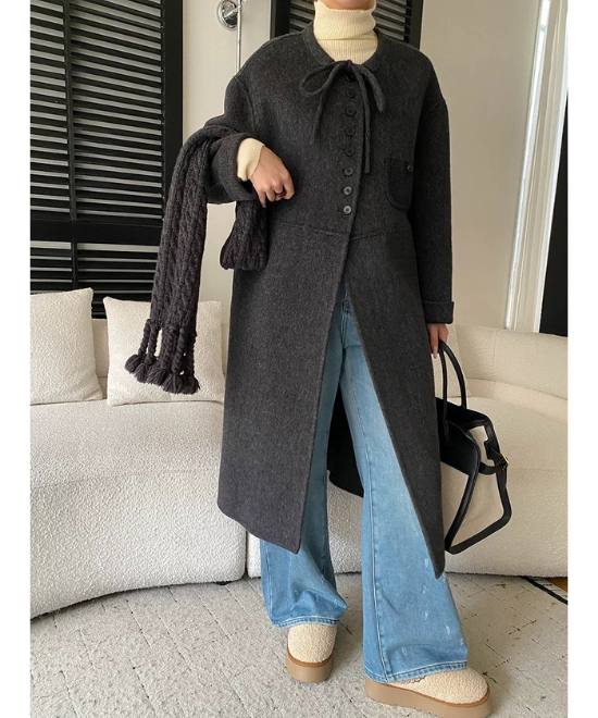 レースアップカラーミディ丈ウールコート