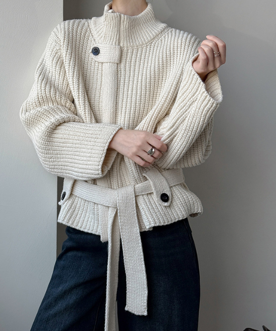 スタンドアップカラーベルトジップカーディガン