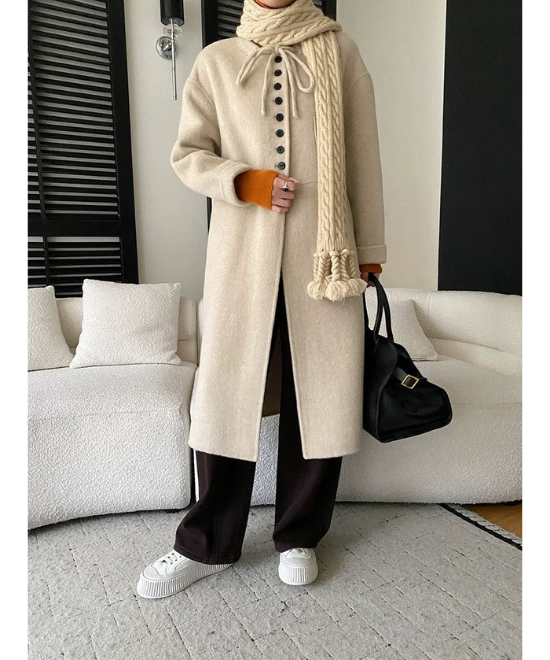 レースアップカラーミディ丈ウールコート