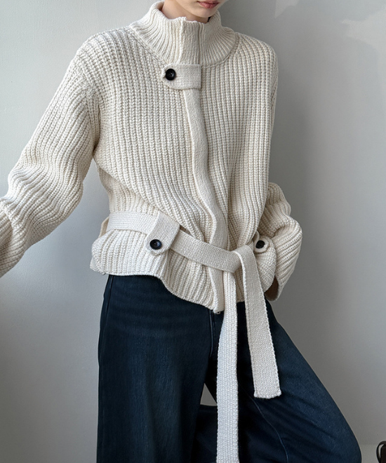 スタンドアップカラーベルトジップカーディガン