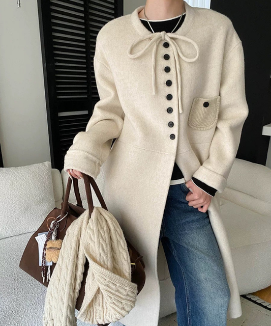 レースアップカラーミディ丈ウールコート