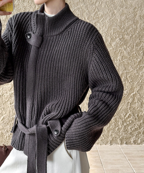 スタンドアップカラーベルトジップカーディガン