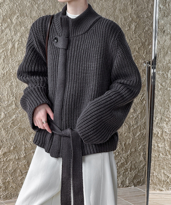 スタンドアップカラーベルトジップカーディガン