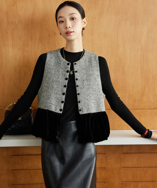 ベルベットプリーツヘムツイードベスト