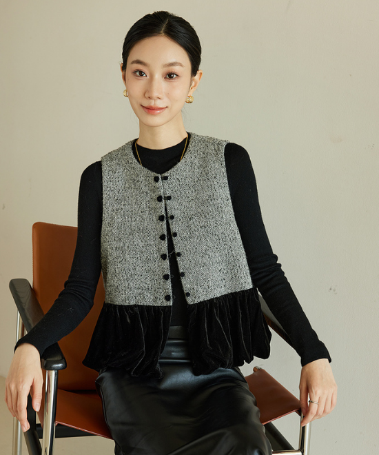 ベルベットプリーツヘムツイードベスト