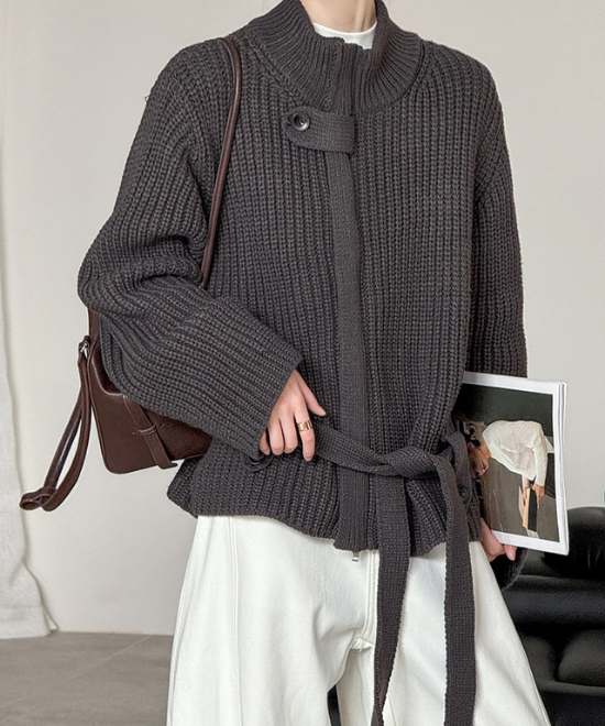 スタンドアップカラーベルトジップカーディガン