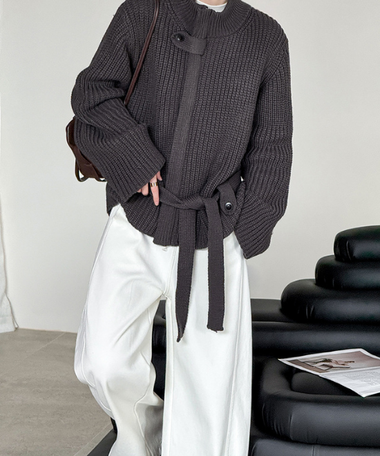 スタンドアップカラーベルトジップカーディガン