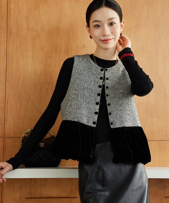 ベルベットプリーツヘムツイードベスト