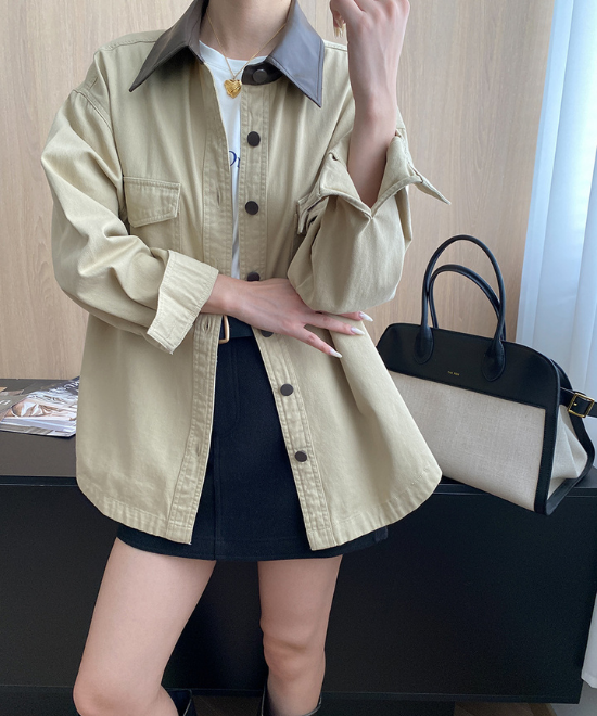 コントラストレザーカラーワークジャケット