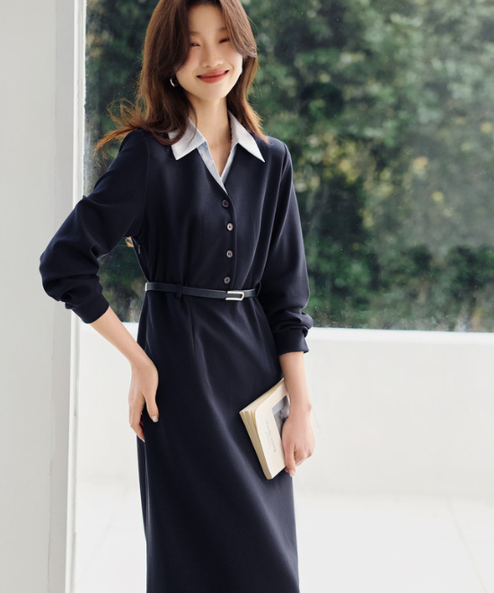 フェイクツーピースネイビーシャツワンピース