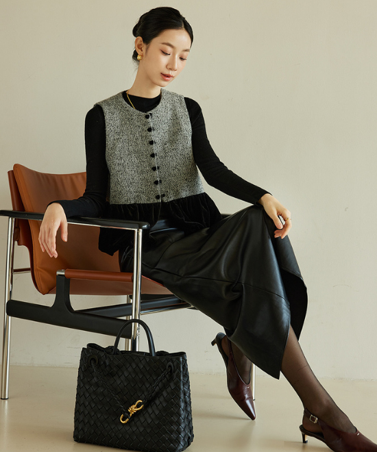 ベルベットプリーツヘムツイードベスト