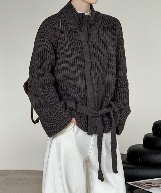 スタンドアップカラーベルトジップカーディガン