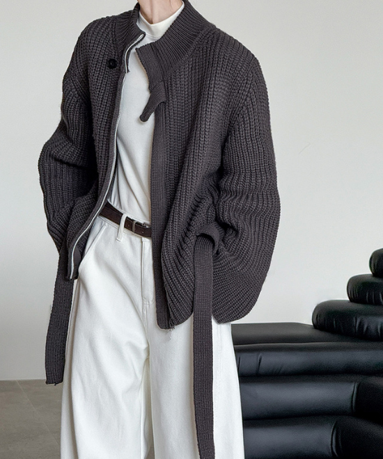 スタンドアップカラーベルトジップカーディガン
